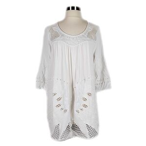 Vintage White Doily Eyelet Laser Cut Longline Boho Coastal Tunic Blouse M